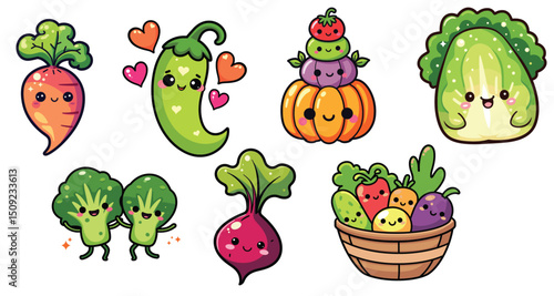 Kawaii cute cartoon vegetables in vibrant colors, vector illustration, children's decor