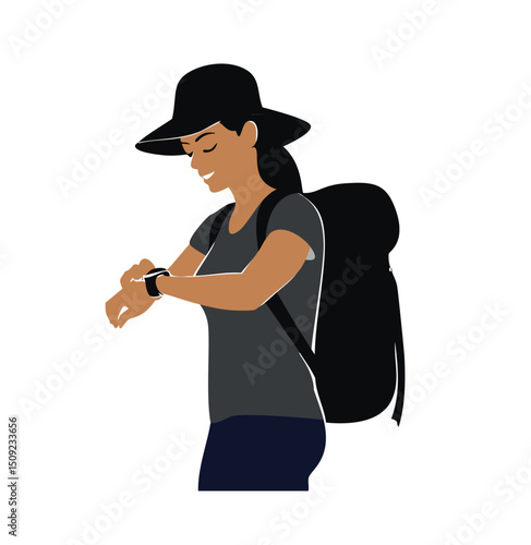 Woman backpacker checking smartwatch time outdoors