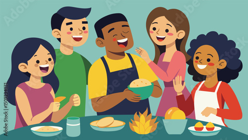 A group of friends laugh and bond as they learn the art of making perfect arepas a staple food in many Latin American households.. Vector illustration