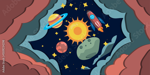 solar system space and stars vector background with planets saturn stars sun earth moon clouds spaceship 