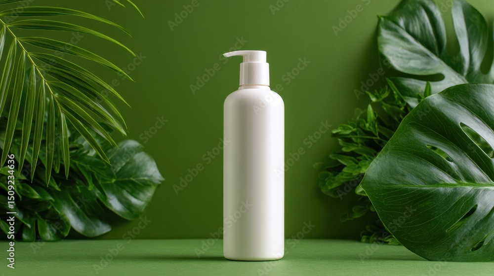 A sleek white bottle with a pump cap stands against a vibrant green backdrop. Lush tropical leaves frame the bottle, highlighting its eco-friendly design and natural beauty appeal A sleek white bottle with a pump cap stands against a vibrant green backdrop. Lush tropical leaves frame the bottle, highlighting its eco-friendly design and natural beauty appeal