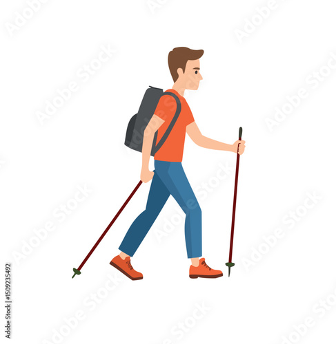 Man hiking with backpack and trekking poles