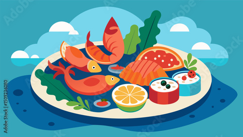 A mouthwatering spread of ocean delights from the Chilean coast beautifully arranged on a platter.. Vector illustration