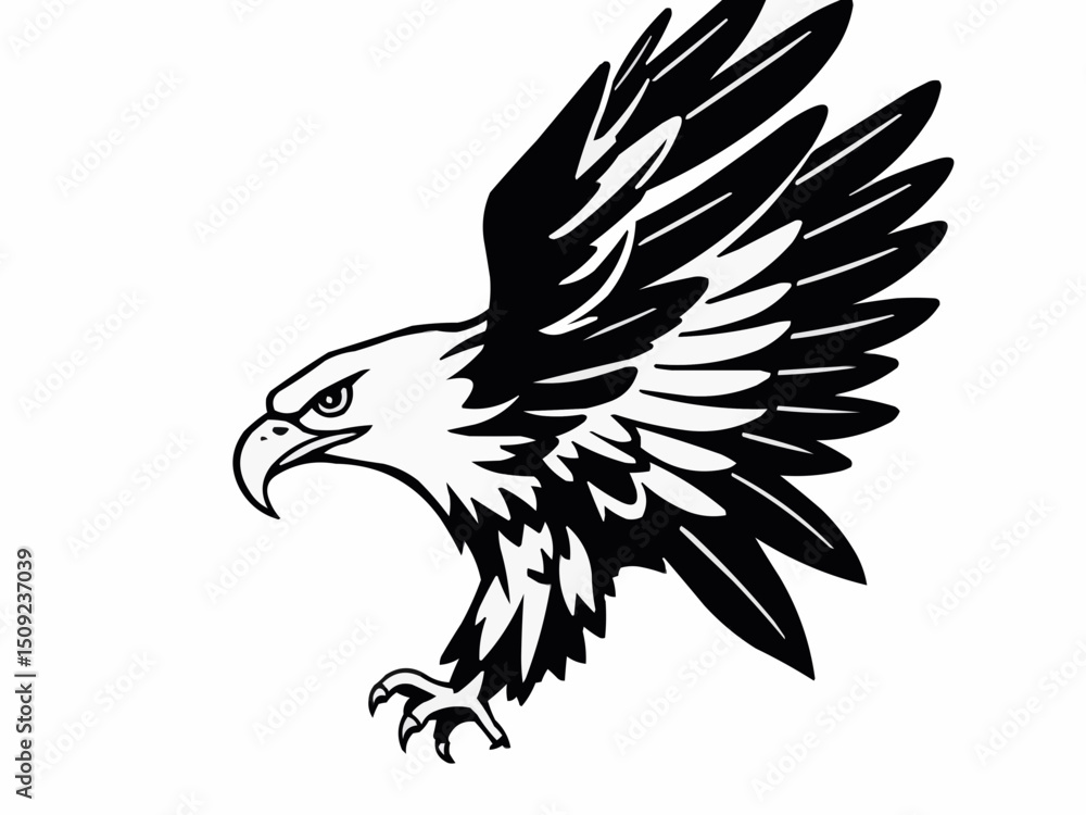 Obraz premium Majestic eagle spreads wings in graceful flight against a stark backdrop expressing strength and freedom