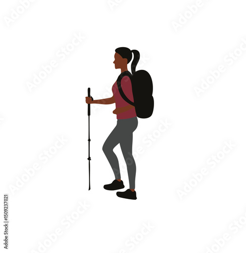 Woman hiking with backpack and trekking pole