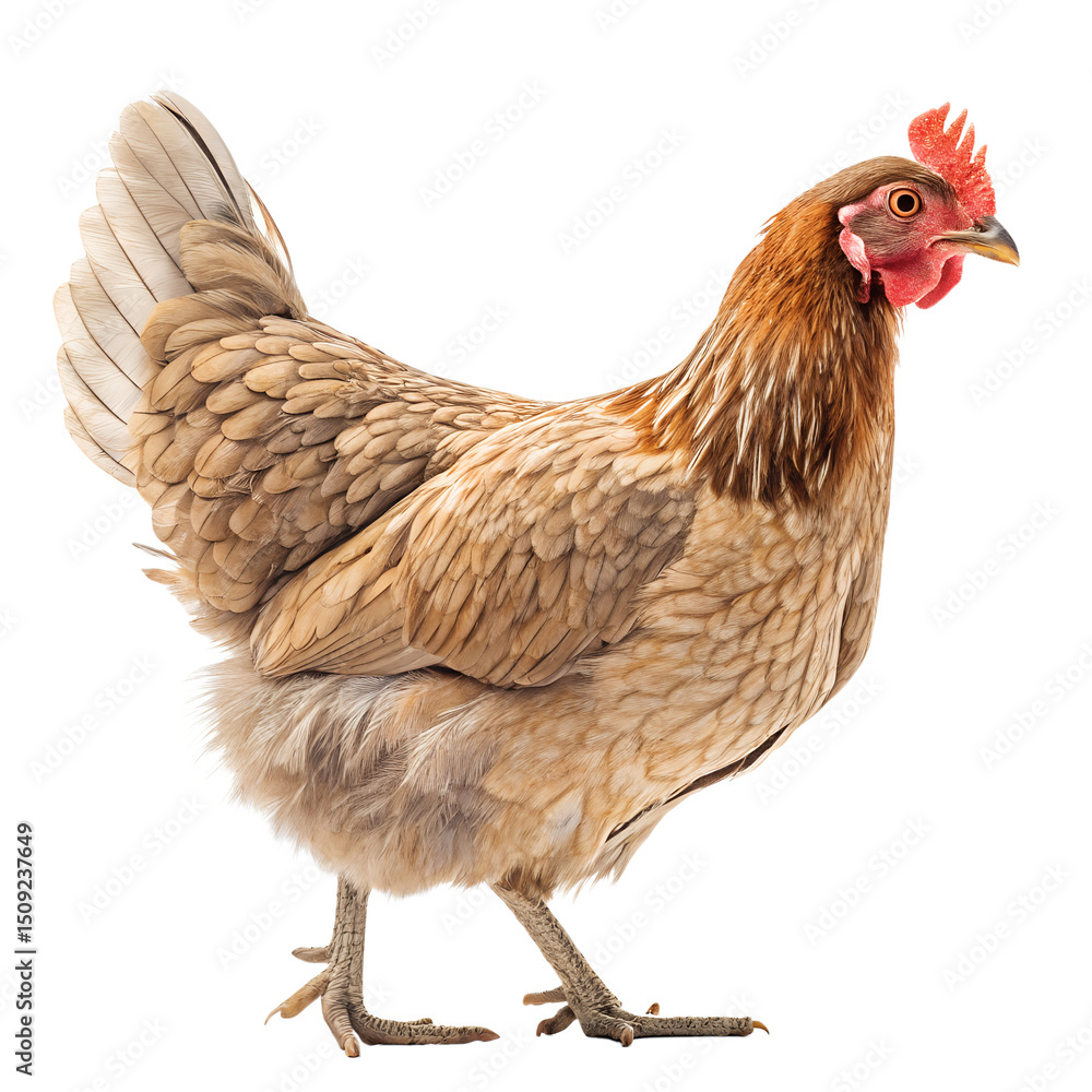 Fototapeta premium Golden-Brown Hen's Gaze: A side profile reveals a golden-brown hen in the studio, her intelligent gaze and natural elegance highlighting the rural life and agriculture.