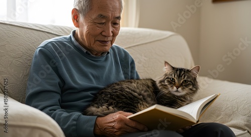 Elderly Asian man reading on couch with tabby cat curled beside him, warm ambient lighting, 50mm lens, soft focus.