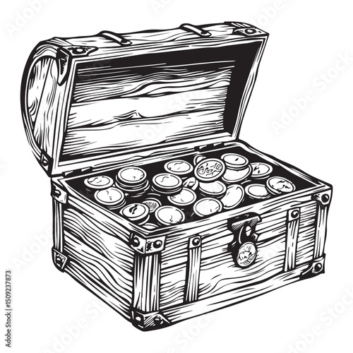 Open Treasure Chest Filled with Coins in Detailed Silhouette Vector illustration isolated white background