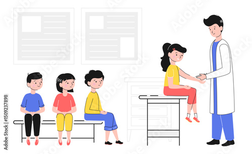 Cartoon Color Character Children Waiting Vaccination Concept Flat Design Style and Line Elements. Vector illustration of Queue