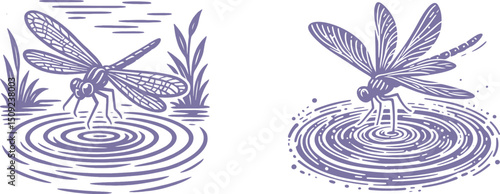 Set of purple Engraving Designs – A Dragonfly Skimming the Surface of Water  Nature-Inspired Vector Art for  Engraving and Crafts
