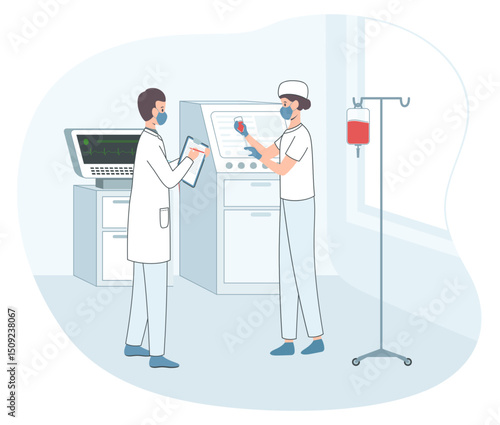 Cartoon Color Characters Doctor and Woman Medical Worker with Bag Infusion on a Stand Clinic Concept Flat Design Style. Vector illustration