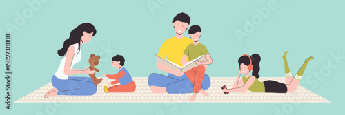 Cartoon Color Characters People Family on Blanket Spends Time Home Concept Flat Design Style and Line Elements. Vector illustration