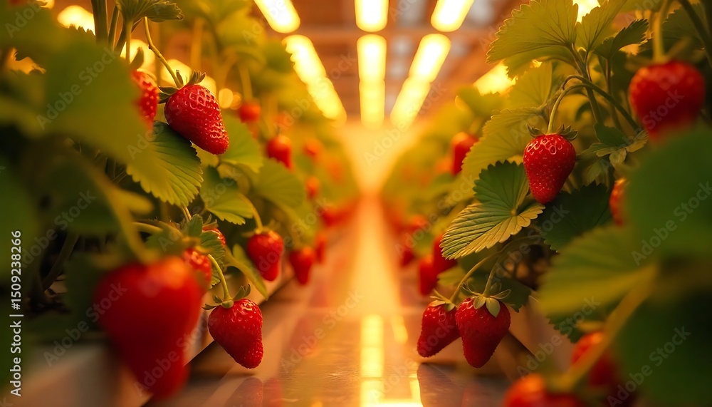 Obraz premium Vertical Farm with StrawberriesLush Spiraling Strawberry PlantsHydroponic Strawberry FarmFuturistic Vertical Farm BerriesRipe Red Strawberries Under Lights