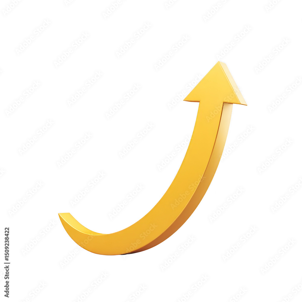 Shiny, golden upward arrow with curved tail symbolizes growth and progress, set against transparent background Shiny, golden upward arrow with curved tail symbolizes growth and progress, set against transparent background