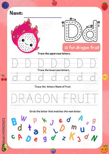 Back to school fruit themed vector design card with cute fruits and handwritten ABC letters