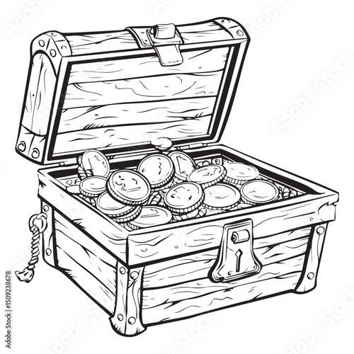 Open Treasure Chest Filled with Coins in Detailed Silhouette Vector illustration isolated white background