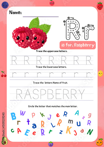 Back to school fruit themed vector design card with cute fruits and handwritten ABC letters