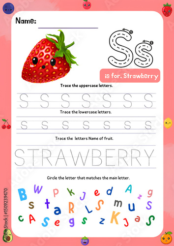 Back to school fruit themed vector design card with cute fruits and handwritten ABC letters
