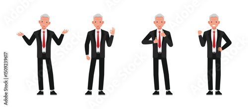 Businessman wear black suit character vector illustration design set. Men express positive emotions happiness, pride, joy, encouragement.