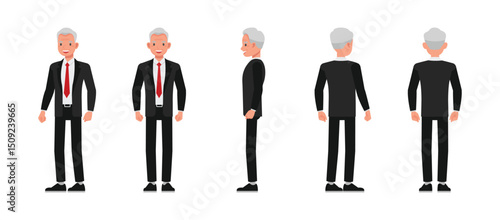Set of businessman front, side and back wear black suit character vector illustration design. Presentation in various action.
