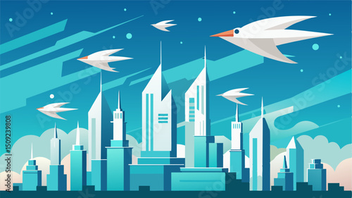 A fleet of sleek white eVTOLs rise and descend above the coastal citys colorful skyscraperapers like graceful birds in flight.. Vector illustration