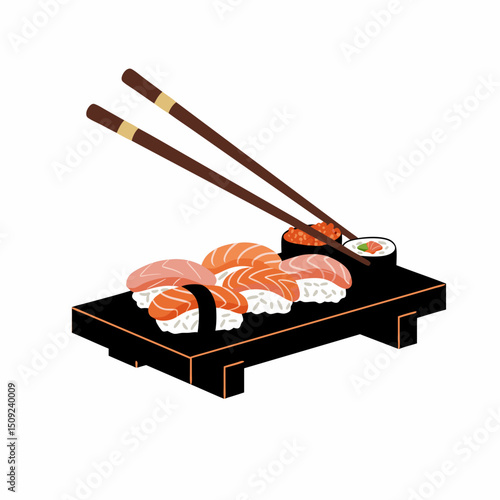 Sushi platter with salmon pieces and chopsticks on black tray  