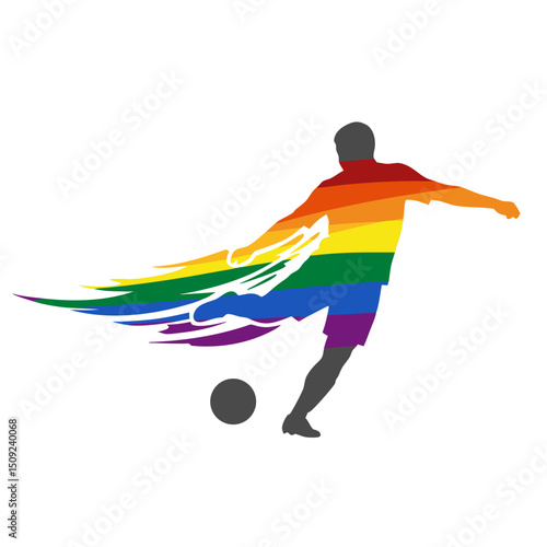 Silhouette of soccer player kicking ball with rainbow flag colors  