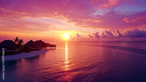 Tropical island resort sunset over calm ocean
