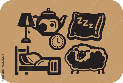 Stylized Black and Tan Illustration Depicting Sleep Bedtime and Relaxation Elements Including a Bed Pillow Sheep and Teapot for Sleepy Time