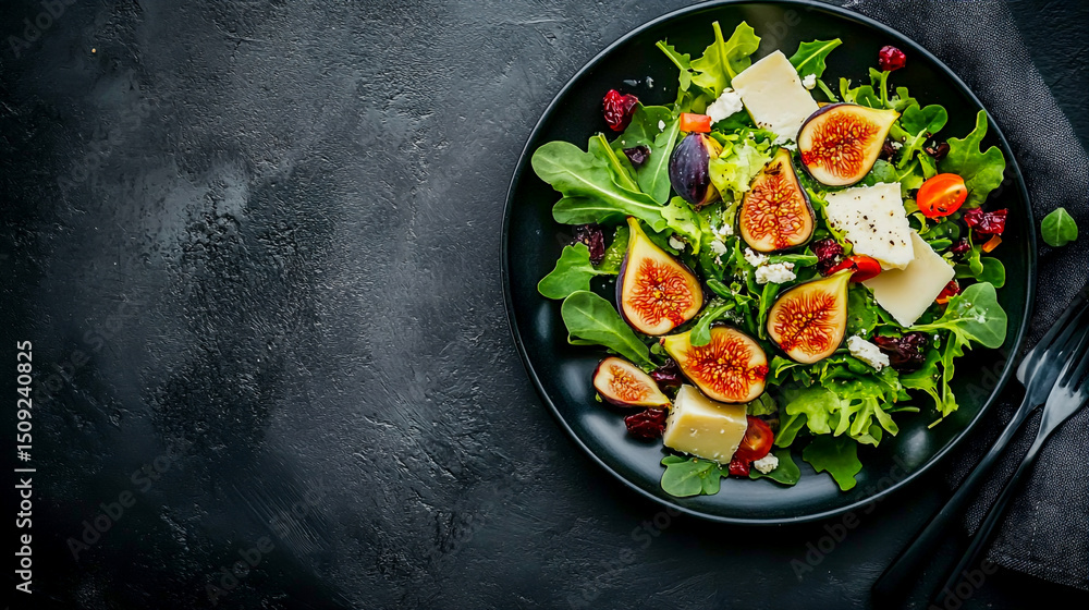 Figs with salad greens and cheese on plate for health-conscious meals Figs with salad greens and cheese on plate for health-conscious meals