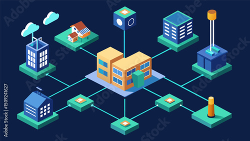 A 3D model representing a smart grid network with each building connected to a central control center where data is collected and analyzed for efficient distribution.. Vector illustration