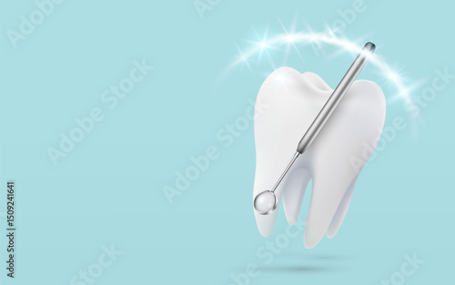 Tooth white, 3D illustration of a tooth, healthy glowing tooth. Shield around white tooth. Dental care, protection and whitening. Vector illustration