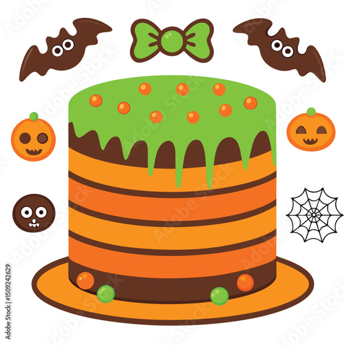 Cute halloween decorated cake with spooky bats pumpkins and a spiderweb on a white background