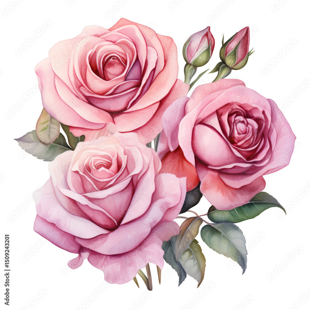 Naklejka premium Elegant pink roses with buds and leaves on transparent background