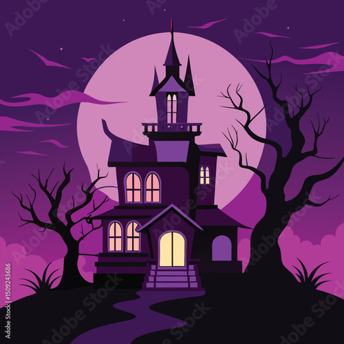 Wallpaper Mural Spooky halloween haunted house illustration silhouetted against the full moon night sky Torontodigital.ca