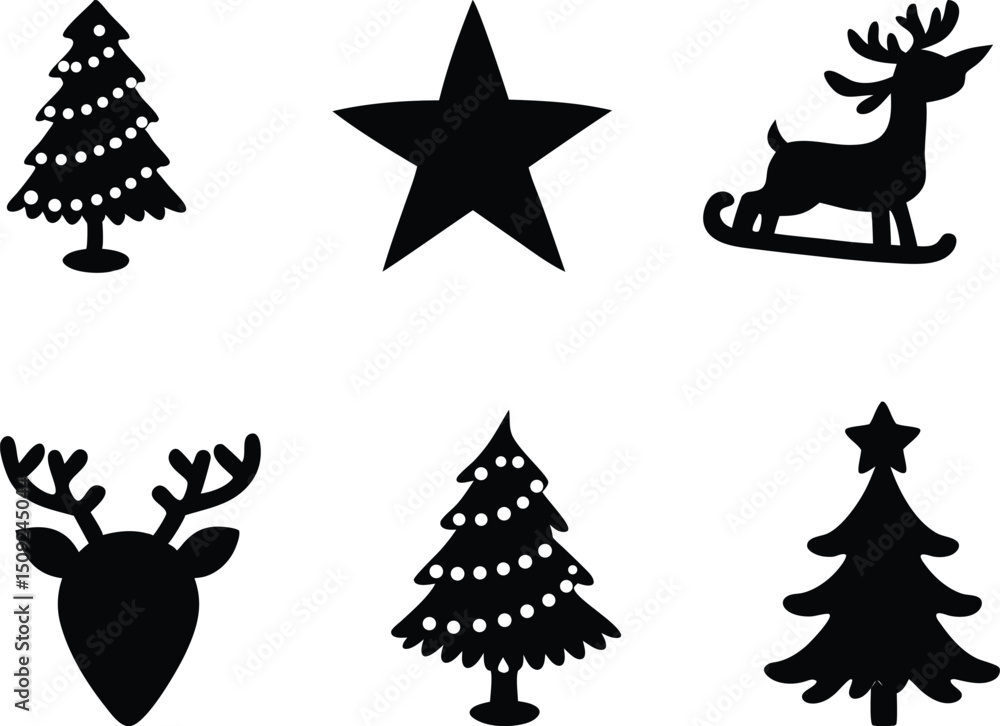 Fototapeta premium Merry and Bright Christmas Set Illustration Silhouettes. Christmas Silhouette Set Merry and Bright Style. Holiday Silhouettes Merry and Bright Illustration Set. Merry Bright Christmas Silhouette Set