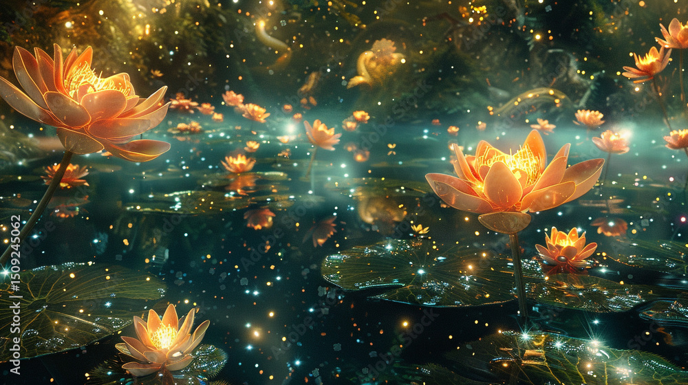 Abstract dreamlike meditation space with swirling stars, floating lotus flowers, and spiritual glow. Abstract dreamlike meditation space with swirling stars, floating lotus flowers, and spiritual glow.