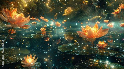 Abstract dreamlike meditation space with swirling stars, floating lotus flowers, and spiritual glow.