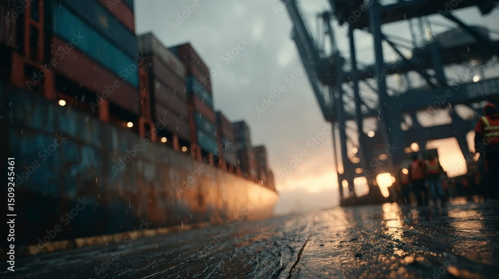 Fototapeta premium Shipping Containers at Dusk Industrial Port Scene with Rainy Atmosphere and Workers in Safety