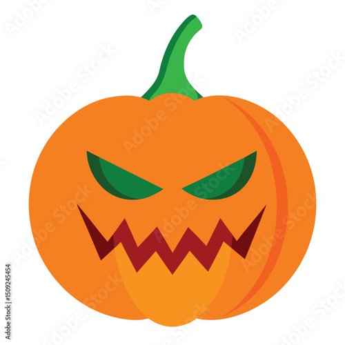 Spooky jack o lantern pumpkin illustration with green eyes and carved mouth for halloween