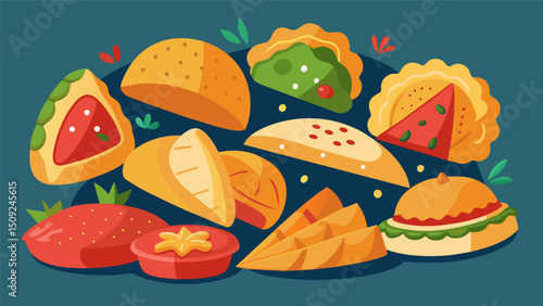 A diverse selection of empanadas all skillfully made and filled with an array of meats vegetables and cheeses delivering a unique experience in every bite.. Vector illustration
