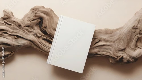 Blank book mockup on driftwood. Stylish blank book for branding presentation. Elegant book mockup for publishing design.  This blank book mockup is perfect for showcasing your next literary project.