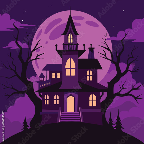 Spooky illustration of a haunted house with a full moon and bare trees at night