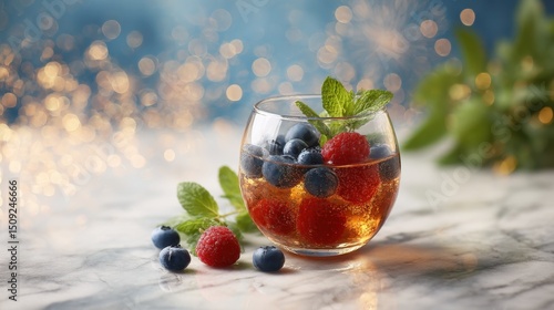 Tricolor cocktail with blueberries, raspberries, and mint, celebrating French National Day with festive elegance.
