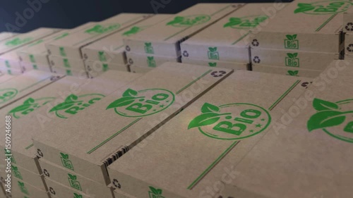 Bio organic box production line. Natural healthy food Cardboard pack factory. Abstract concept 3d loopable seamless.