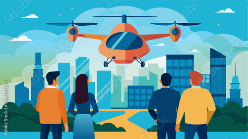 A group of curious onlookers watch from the ground as an air taxi is refueled in midair by a specialized eVTOL showcasing the advanced technology of the city.. Vector illustration