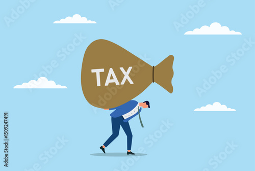 Vector illustration of a businessman struggling to carry a huge sack of taxes on his back, symbolizing the heavy burden and stress of financial obligations and tax debts
