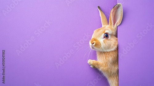 Cute brown bunny rabbit peeking from purple background.
