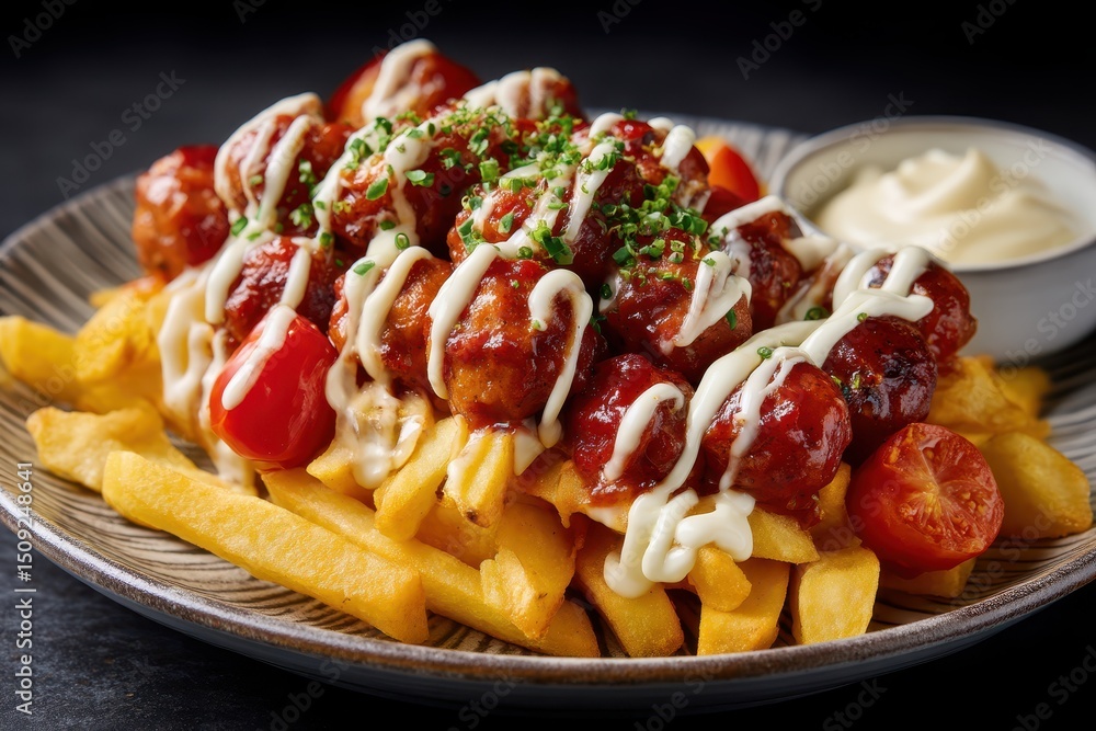 Fototapeta premium Currywurst Pommes Teller Currywurst mit Soße Currywurst mit Mayo Pommes Spezial Streetfood Klassiker Deutsche Imbissküche Wurst mit Soße Pommes mit Kräutern Fastfood Gericht Snackteller Lecker