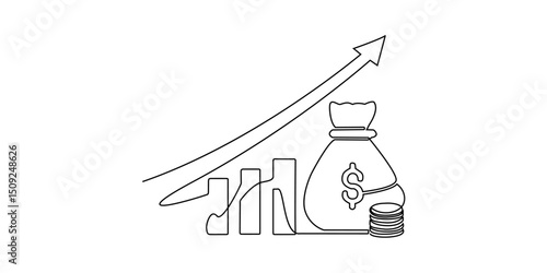 Line money one continuous finance art graph financial icon coin single. Growth one line money chart sketch cash concept hand investment business arrow vector drawing bank doodle background lineart bag